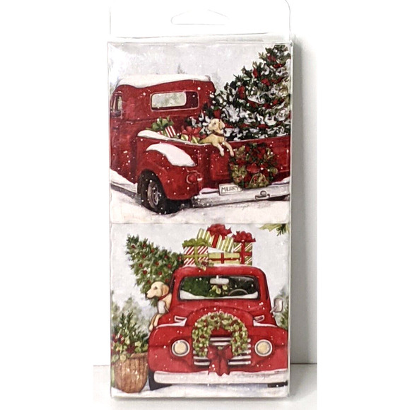 Drink Coasters Christmas Red Truck Labrador 4 Pack Ceramic Cork Backing NEW - Picture 3 of 3